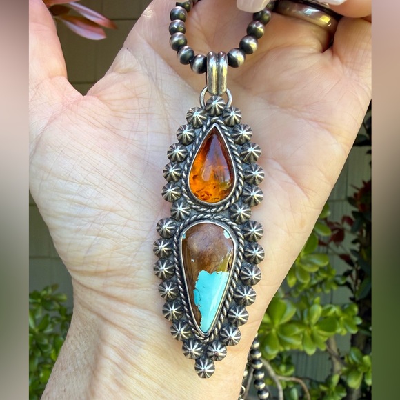 Gorgeous Custom Royston Turquoise & Amber Sterling Silver Pendant - Picture 3 of 4